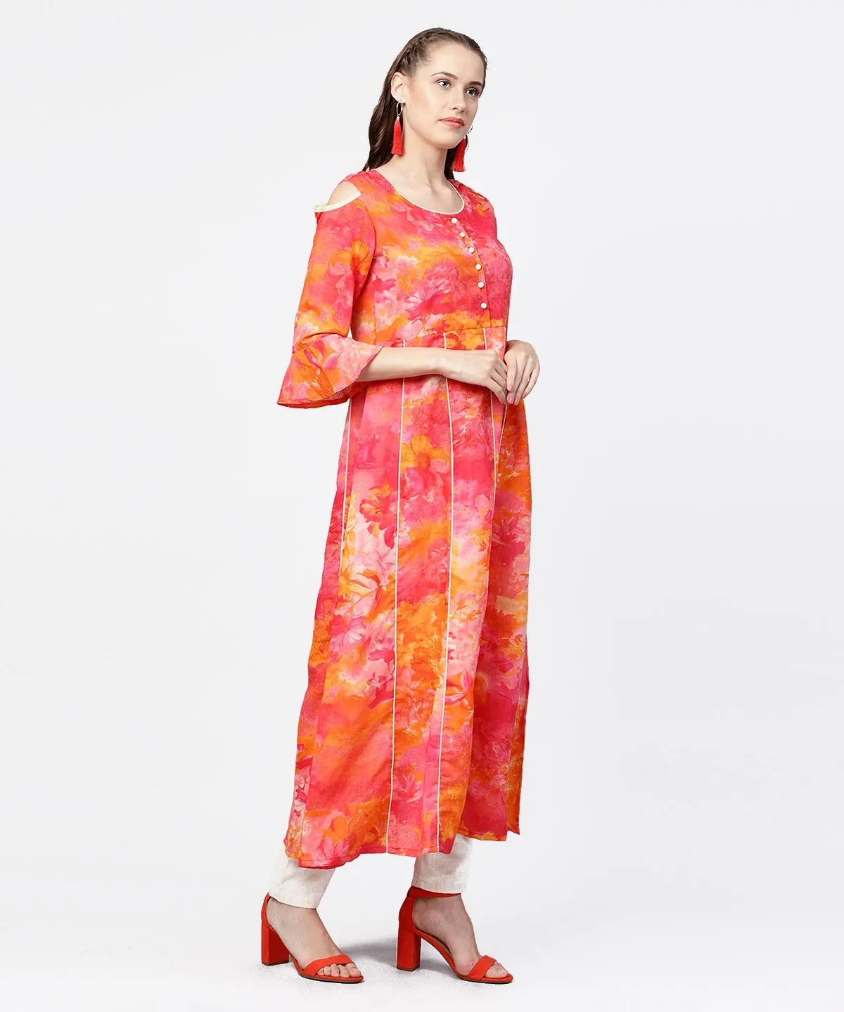Red Printed 3/4Th Flared Sleeve Round Neck Anarkali Kurta