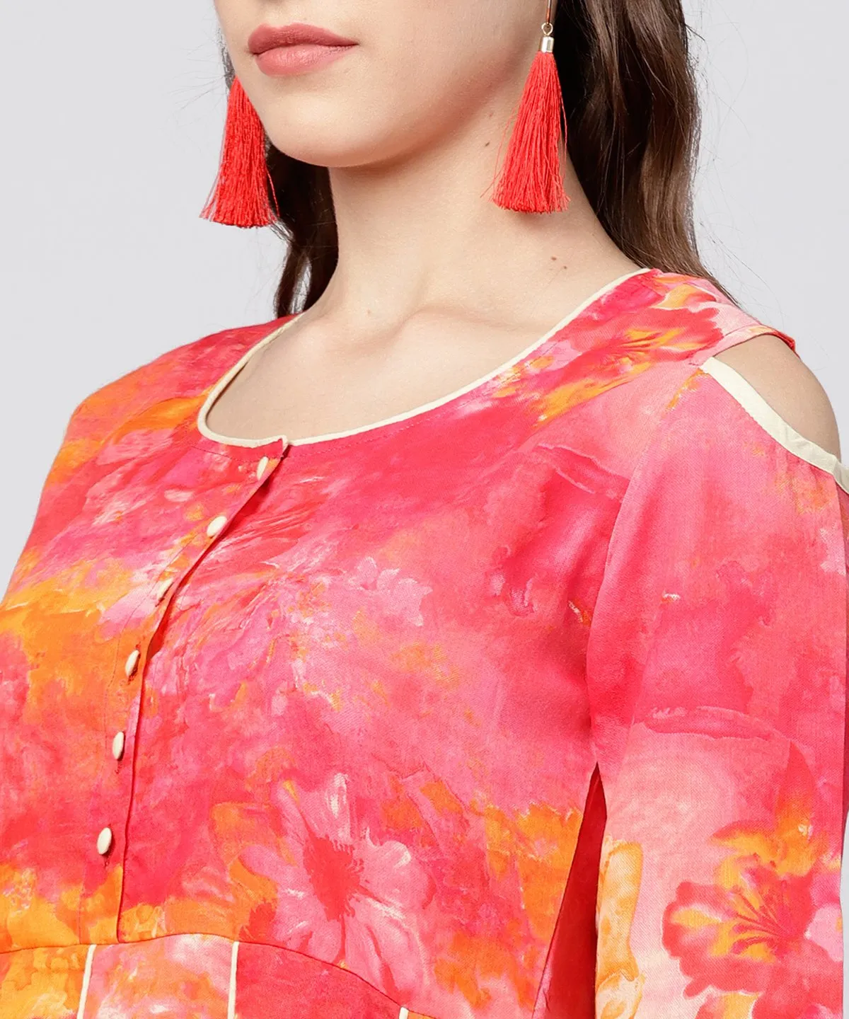 Red Printed 3/4Th Flared Sleeve Round Neck Anarkali Kurta