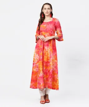 Red Printed 3/4Th Flared Sleeve Round Neck Anarkali Kurta