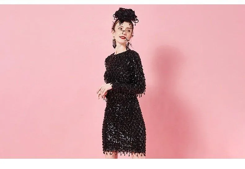 Retro inspired black long sleeve beaded  dress- Tonia