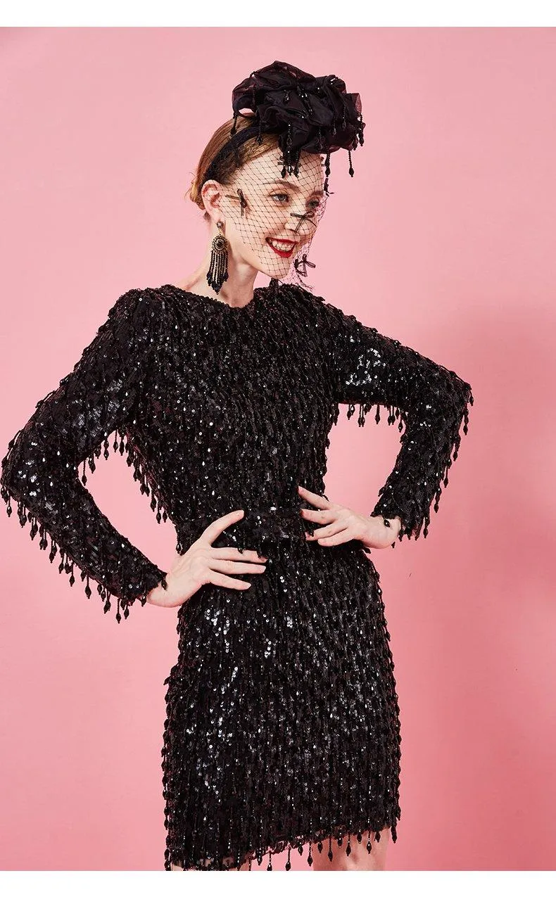 Retro inspired black long sleeve beaded  dress- Tonia