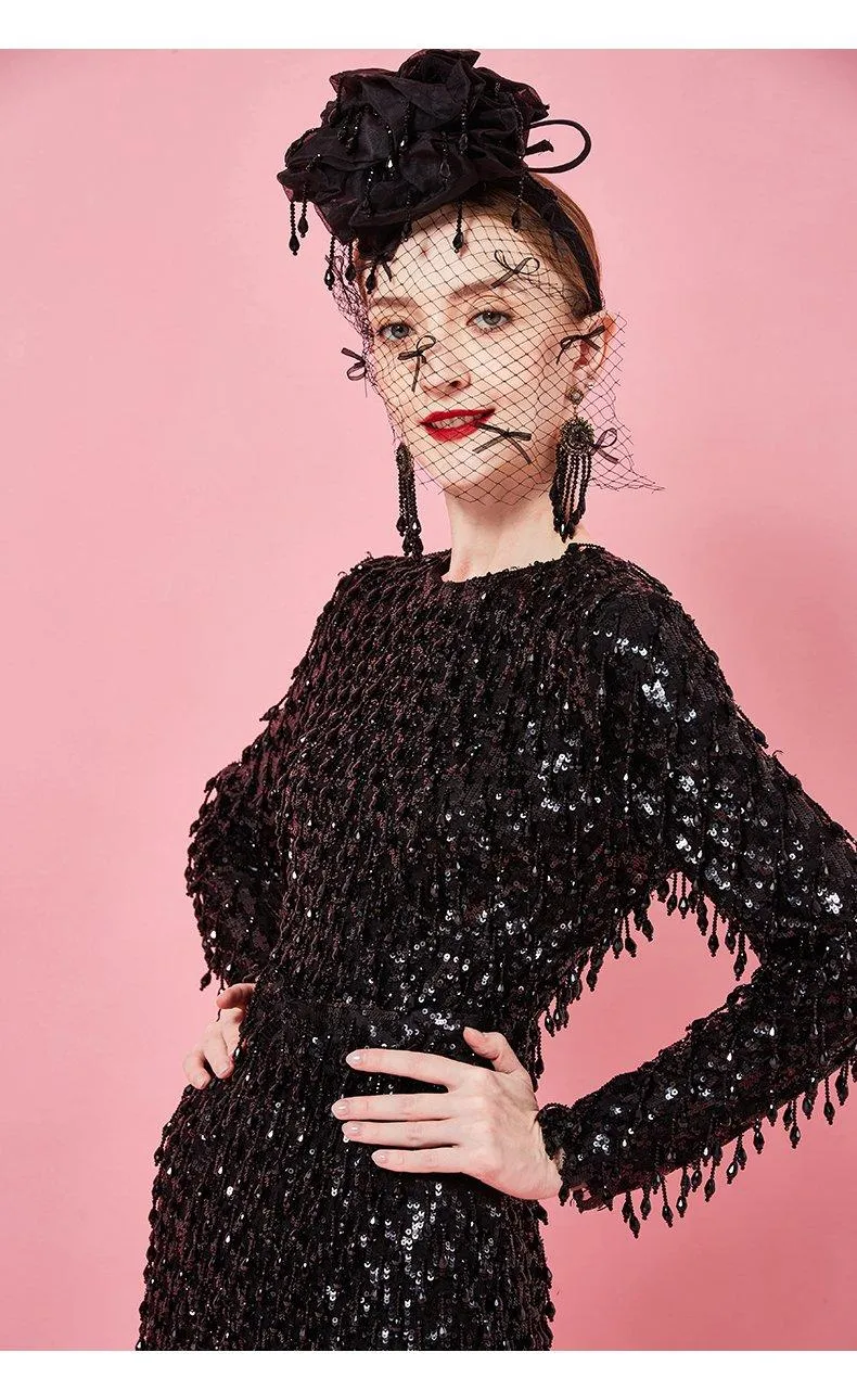 Retro inspired black long sleeve beaded  dress- Tonia