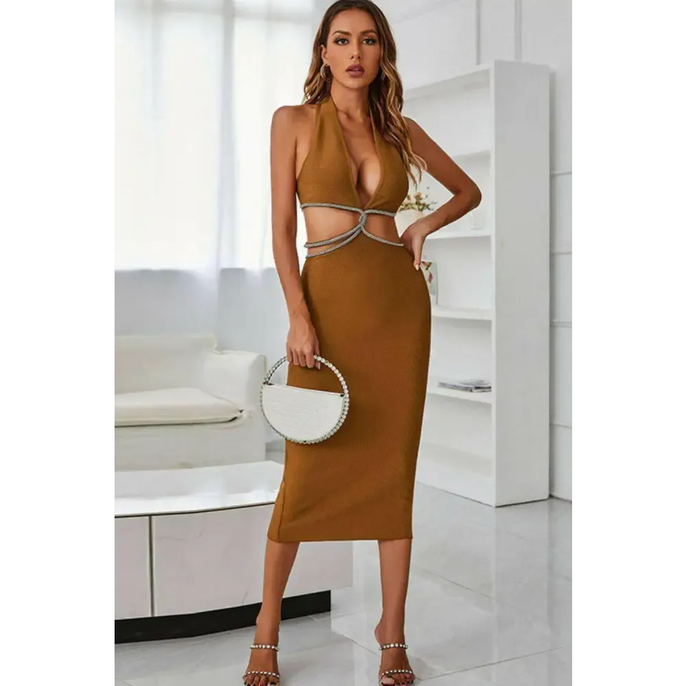 Rhinestone Halter Neck Midi Dress in Luxury Fashion for Women