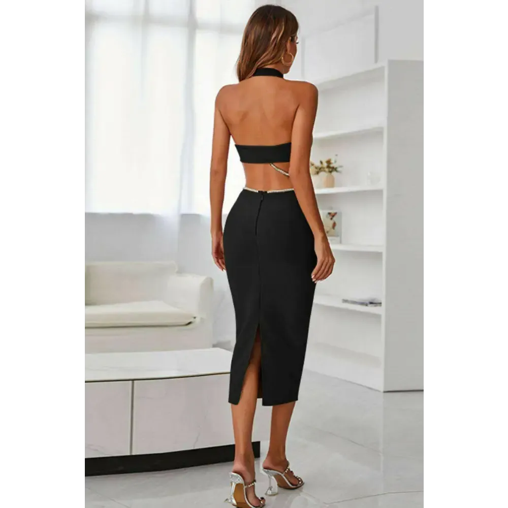 Rhinestone Halter Neck Midi Dress in Luxury Fashion for Women