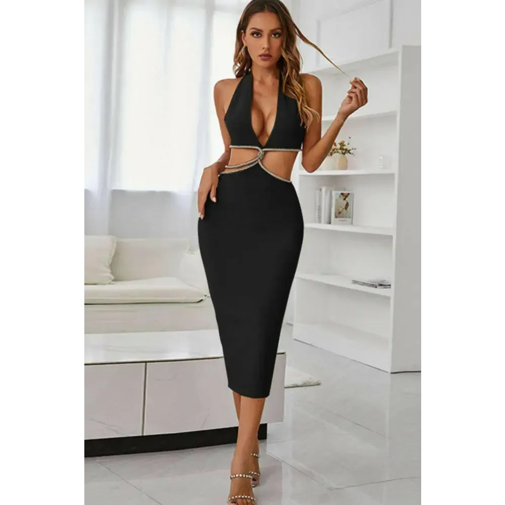 Rhinestone Halter Neck Midi Dress in Luxury Fashion for Women