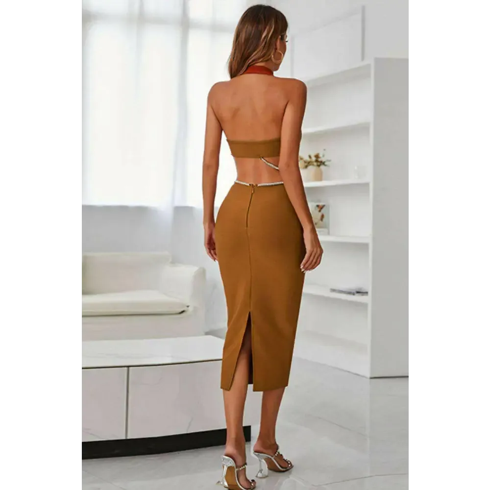Rhinestone Halter Neck Midi Dress in Luxury Fashion for Women