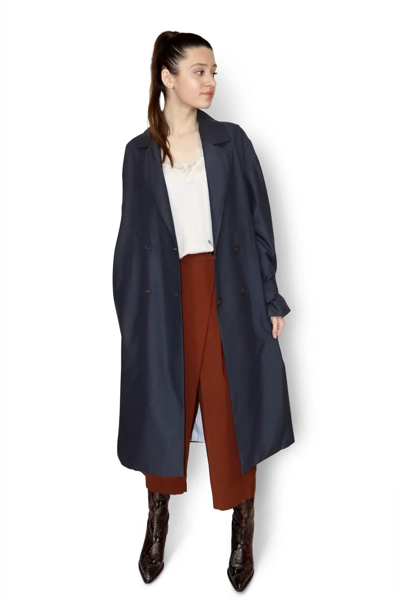 Ruffle Back Trench Coat - Navy