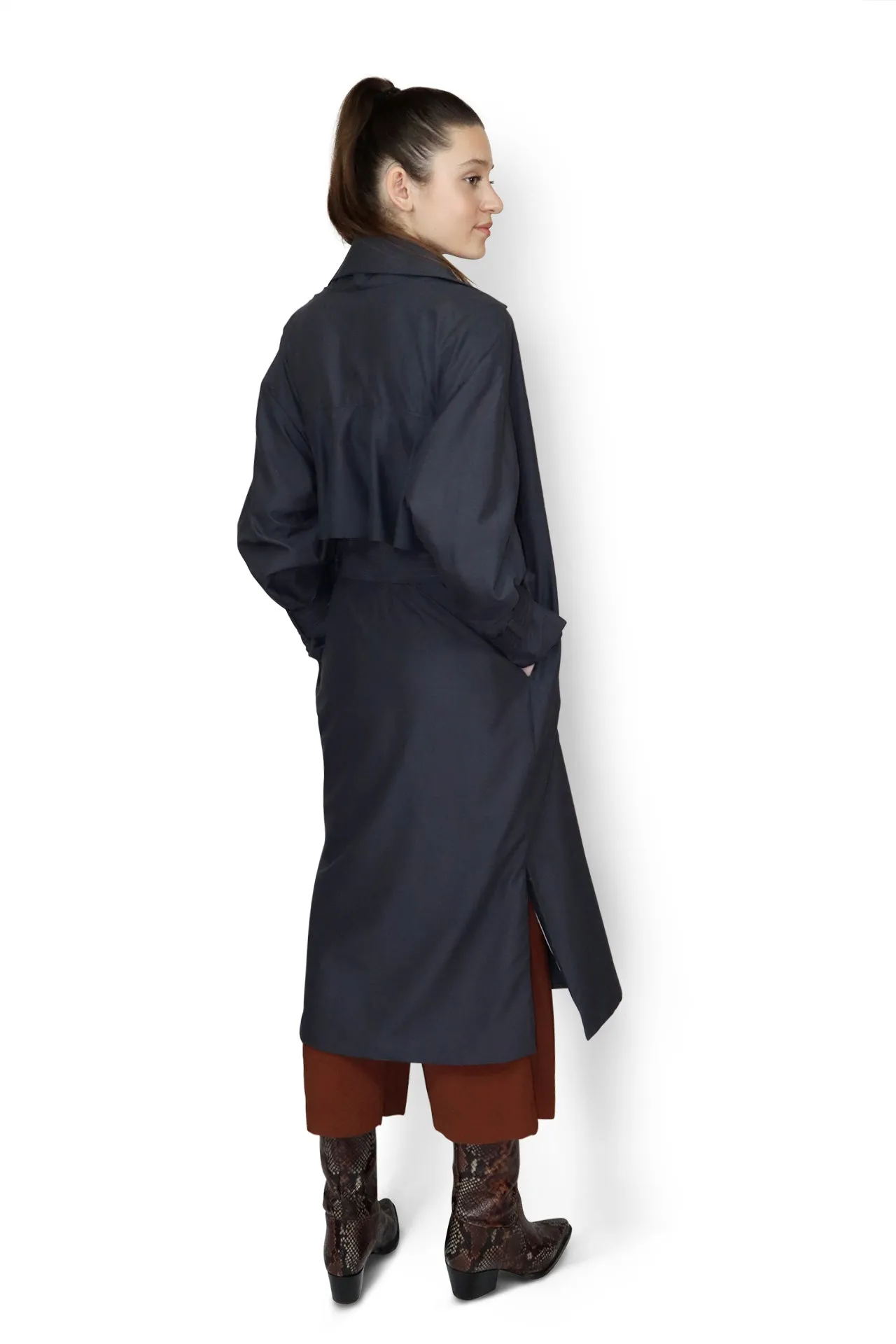 Ruffle Back Trench Coat - Navy