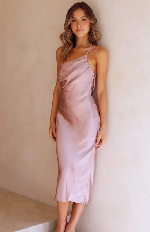 Satin One Shoulder Slip Dress with Cowl Back