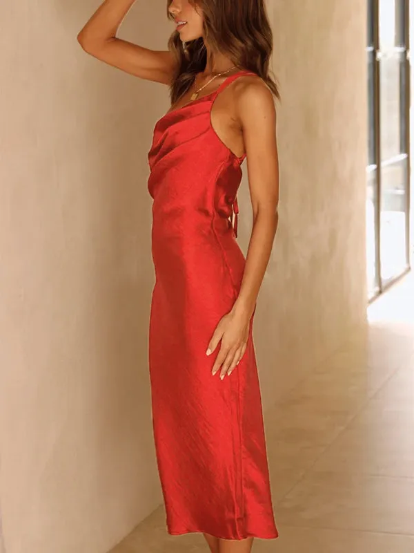 Satin One Shoulder Slip Dress with Cowl Back
