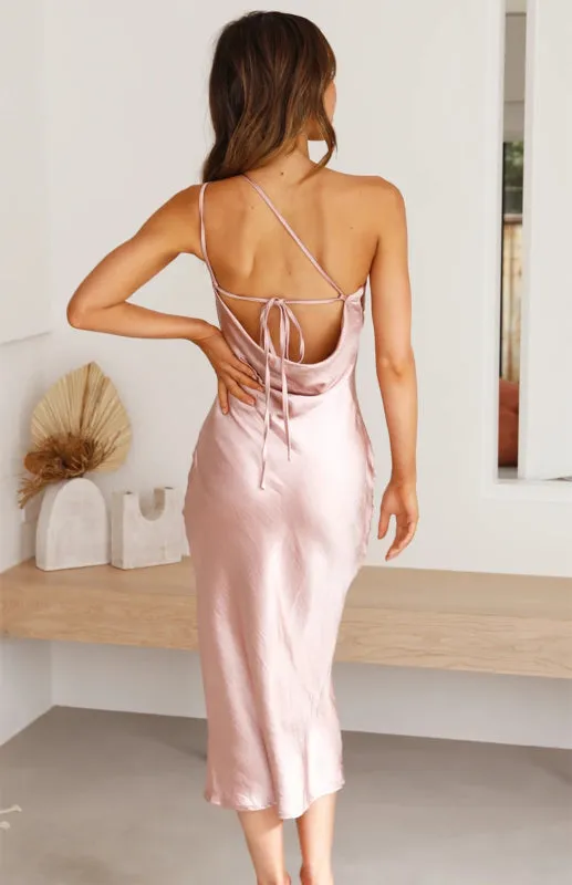 Satin One Shoulder Slip Dress with Cowl Back