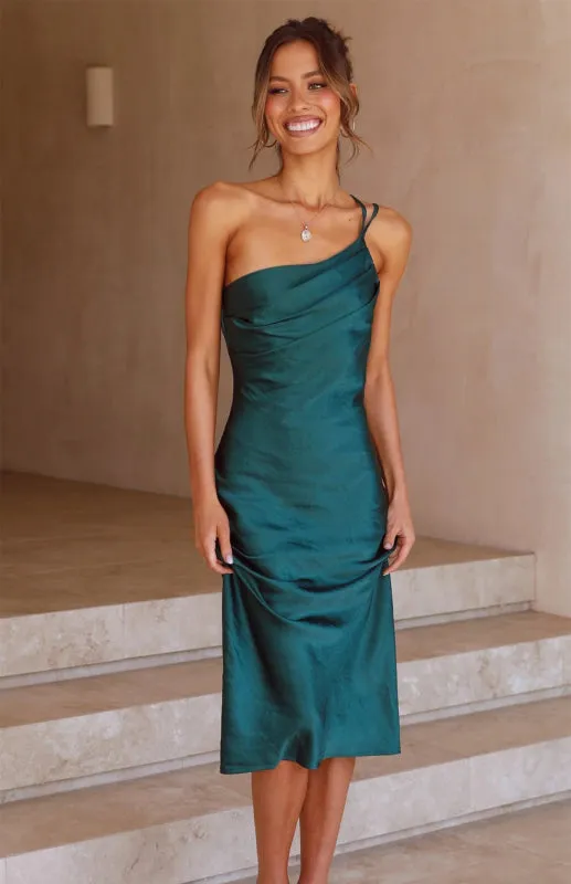 Satin One Shoulder Slip Dress with Cowl Back