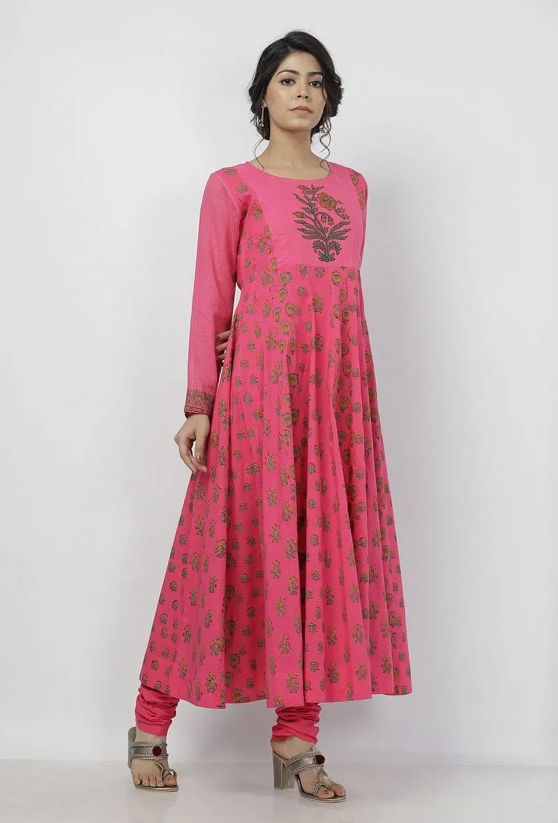 Set of 2: Raisa Pink Floral Hand-Block Printed Kota Anarkali with Plain Cotton Chooridar