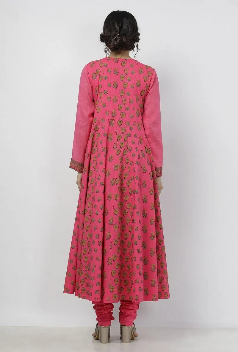 Set of 2: Raisa Pink Floral Hand-Block Printed Kota Anarkali with Plain Cotton Chooridar