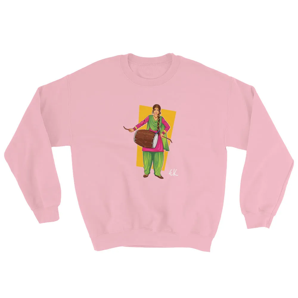 Sikh Punjabi Sardar Woman Playing Dhol And Dancing Bhangra On Holiday Like Lohri Or Vaisakhi Sweatshirt