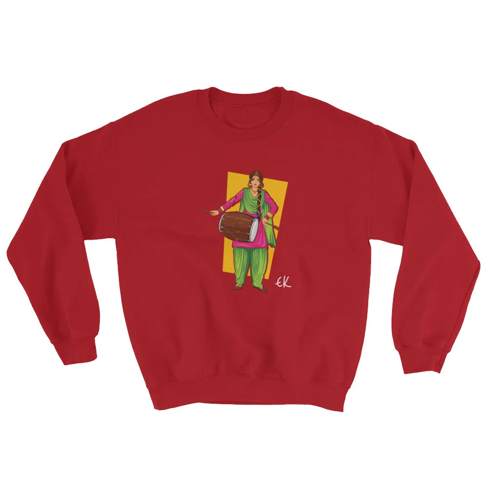 Sikh Punjabi Sardar Woman Playing Dhol And Dancing Bhangra On Holiday Like Lohri Or Vaisakhi Sweatshirt