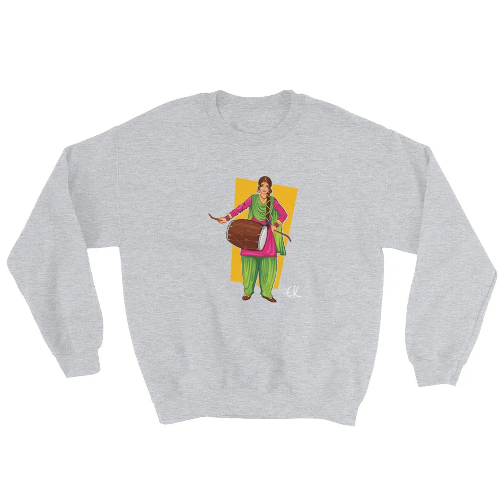 Sikh Punjabi Sardar Woman Playing Dhol And Dancing Bhangra On Holiday Like Lohri Or Vaisakhi Sweatshirt