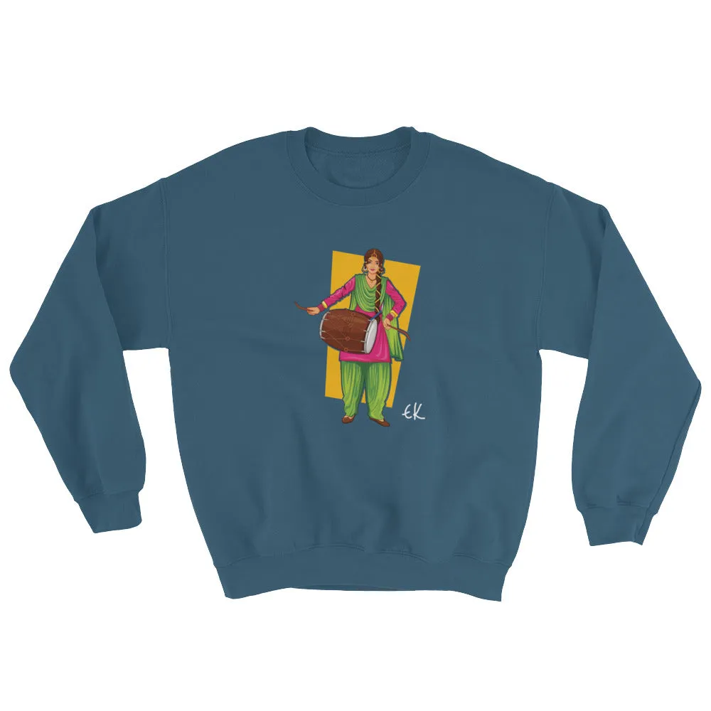 Sikh Punjabi Sardar Woman Playing Dhol And Dancing Bhangra On Holiday Like Lohri Or Vaisakhi Sweatshirt