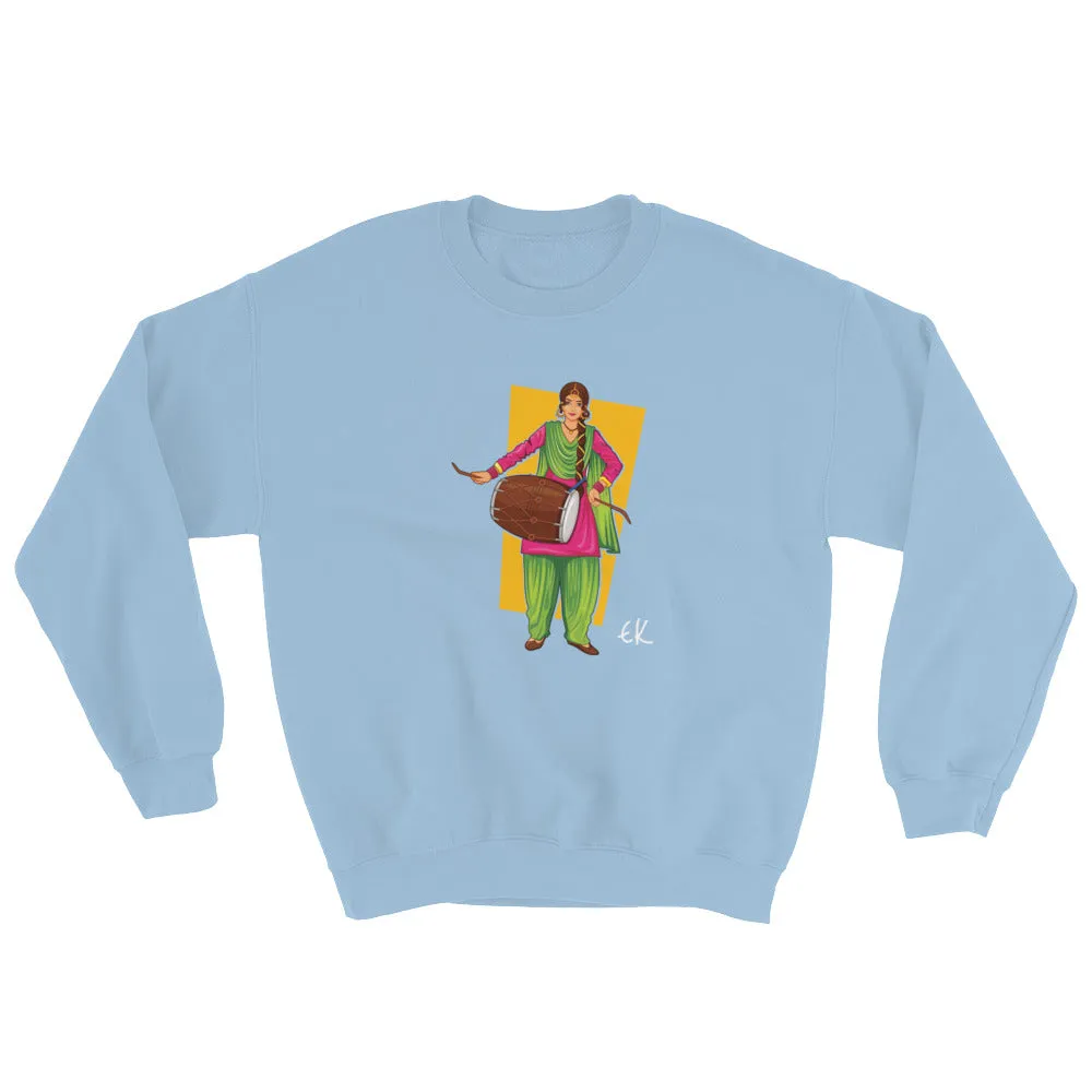 Sikh Punjabi Sardar Woman Playing Dhol And Dancing Bhangra On Holiday Like Lohri Or Vaisakhi Sweatshirt