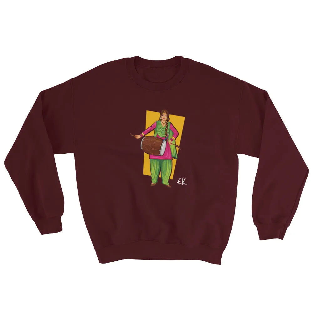 Sikh Punjabi Sardar Woman Playing Dhol And Dancing Bhangra On Holiday Like Lohri Or Vaisakhi Sweatshirt