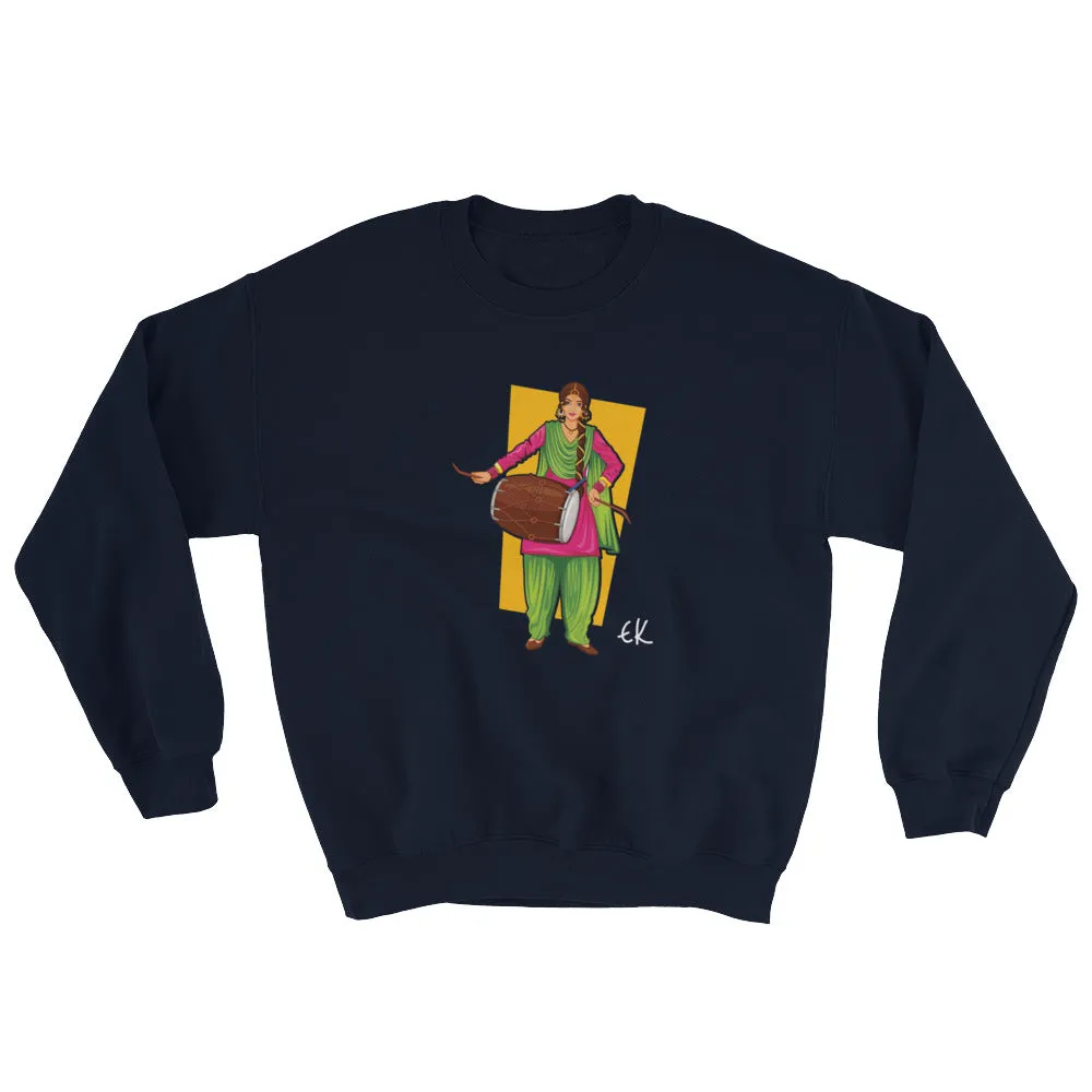 Sikh Punjabi Sardar Woman Playing Dhol And Dancing Bhangra On Holiday Like Lohri Or Vaisakhi Sweatshirt