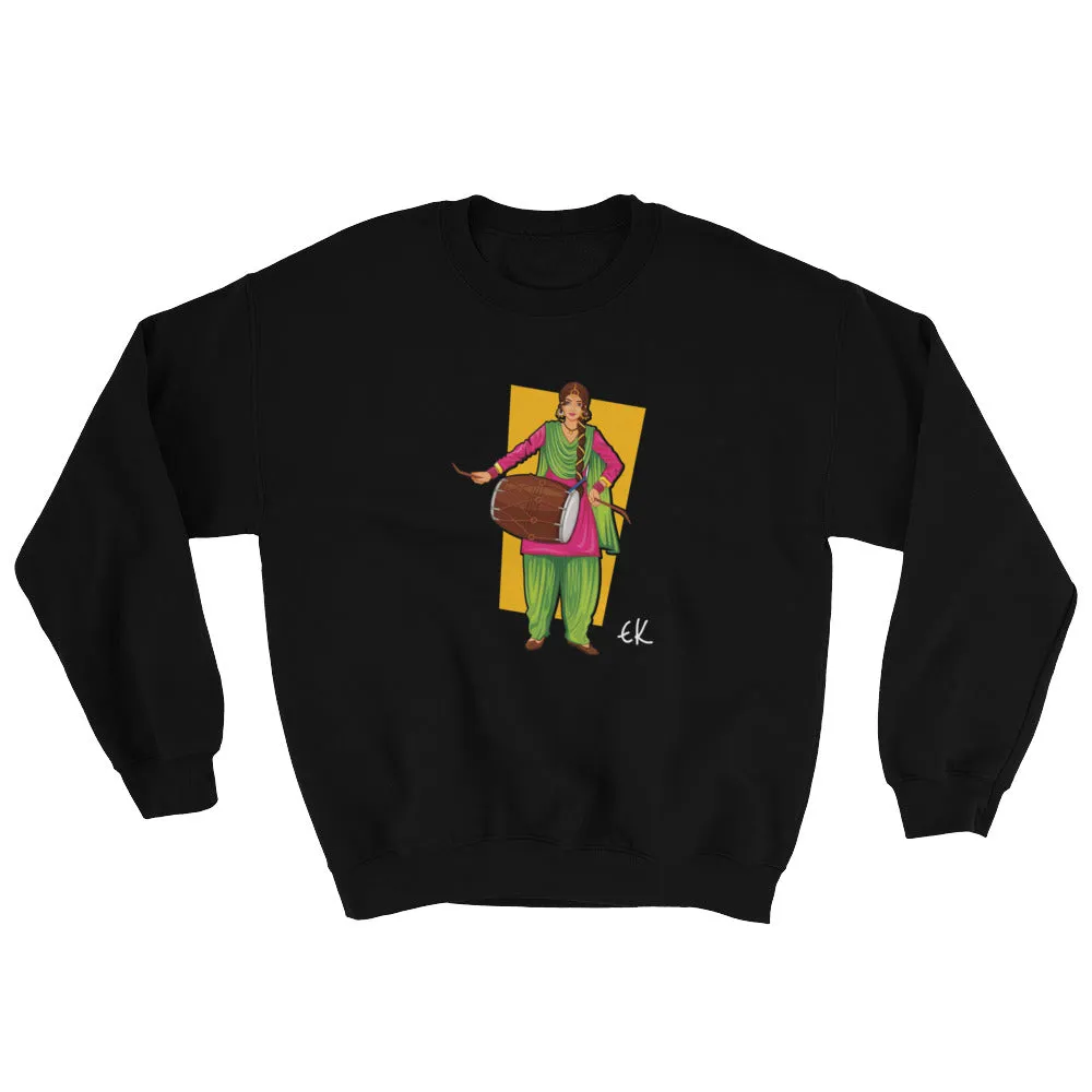 Sikh Punjabi Sardar Woman Playing Dhol And Dancing Bhangra On Holiday Like Lohri Or Vaisakhi Sweatshirt