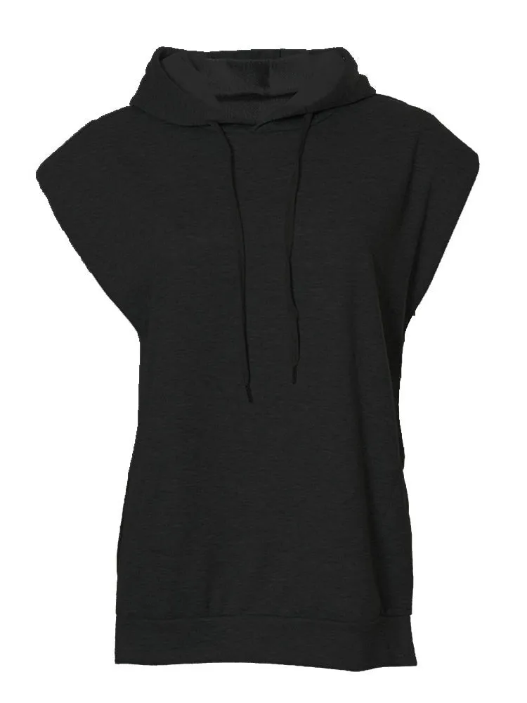 Solid Minimalist Sweatshirts For Women Hooded Sleeveless Patchwork Drawstring Casual Sweatshirt Female Clothing