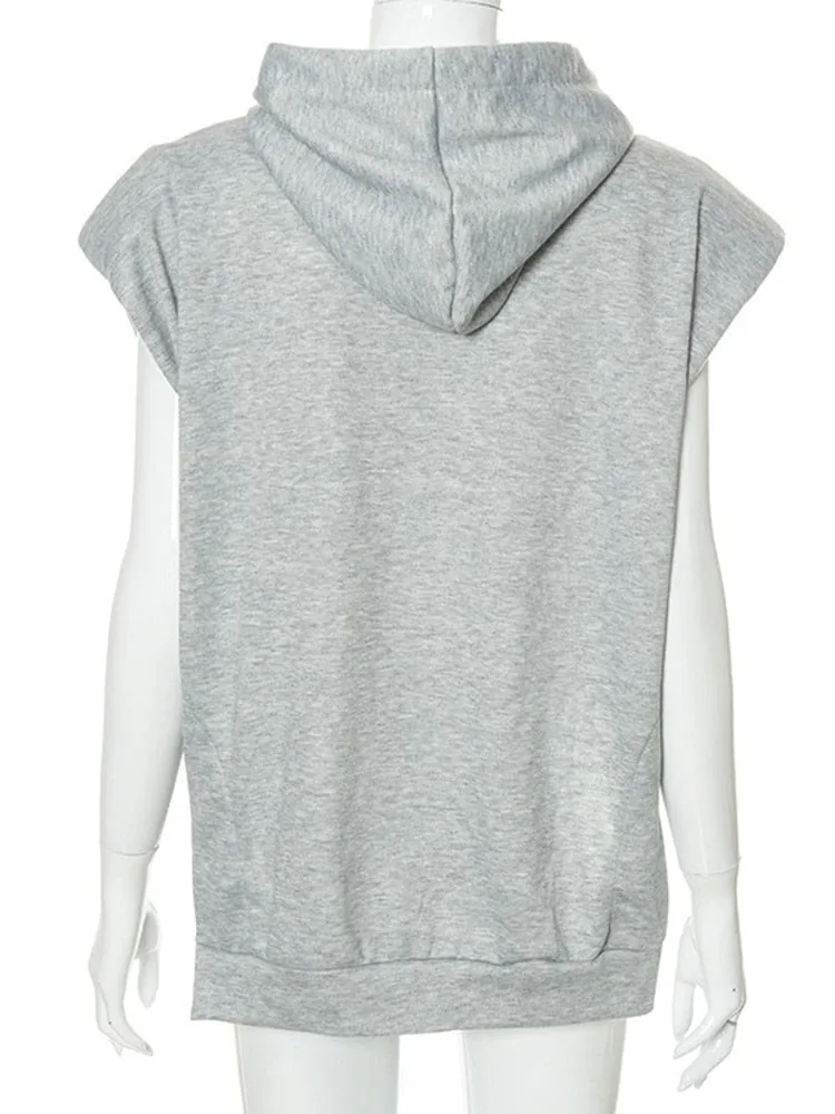 Solid Minimalist Sweatshirts For Women Hooded Sleeveless Patchwork Drawstring Casual Sweatshirt Female Clothing
