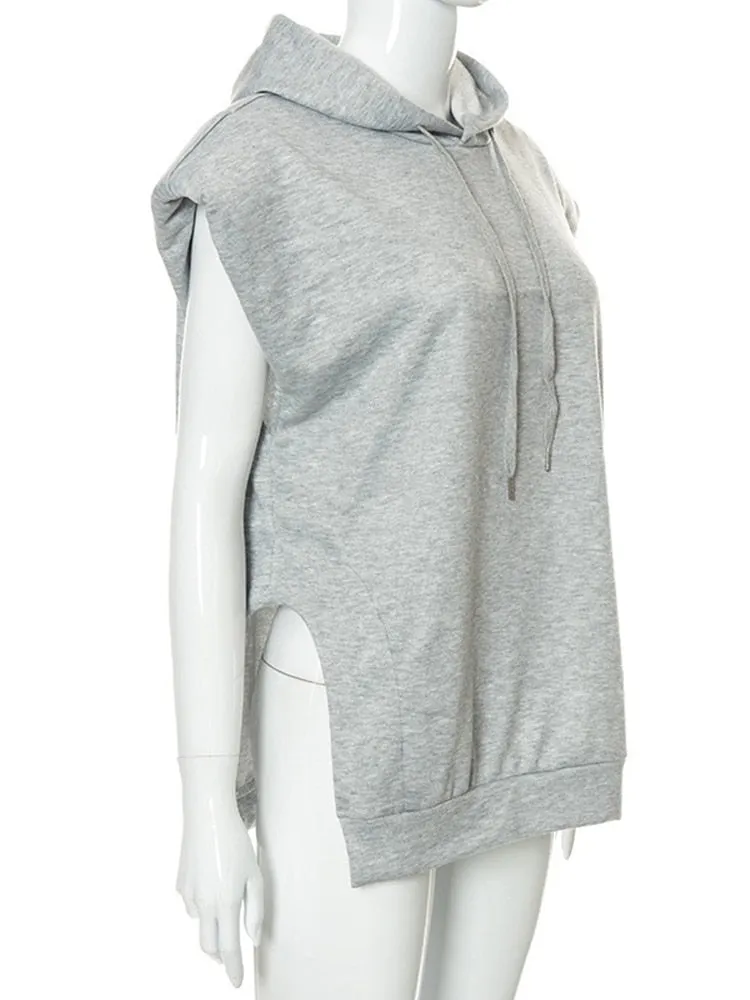 Solid Minimalist Sweatshirts For Women Hooded Sleeveless Patchwork Drawstring Casual Sweatshirt Female Clothing