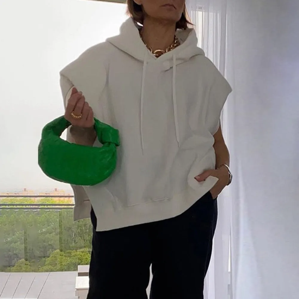 Solid Minimalist Sweatshirts For Women Hooded Sleeveless Patchwork Drawstring Casual Sweatshirt Female Clothing