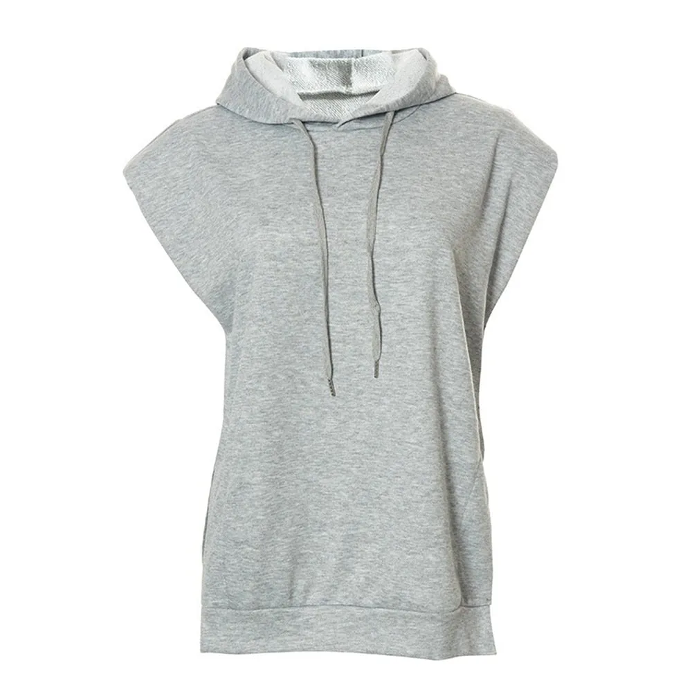 Solid Minimalist Sweatshirts For Women Hooded Sleeveless Patchwork Drawstring Casual Sweatshirt Female Clothing