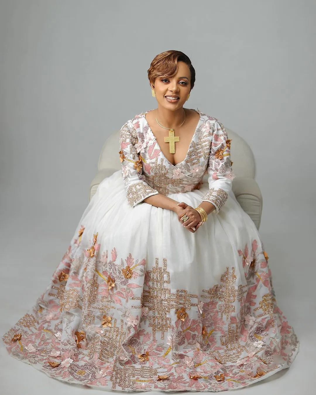 Sparkling Modern Ethiopian Dress Flower Design Habesha Wedding Dress