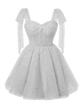 Sparkly Starry Silver Gray Tulle Short Homecoming Dresses Spaghetti Bow Straps Prom Dress Sequin Cocktail Party Dress for Teens