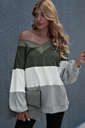 Stitching Loose Collar Flared Sleeve Top