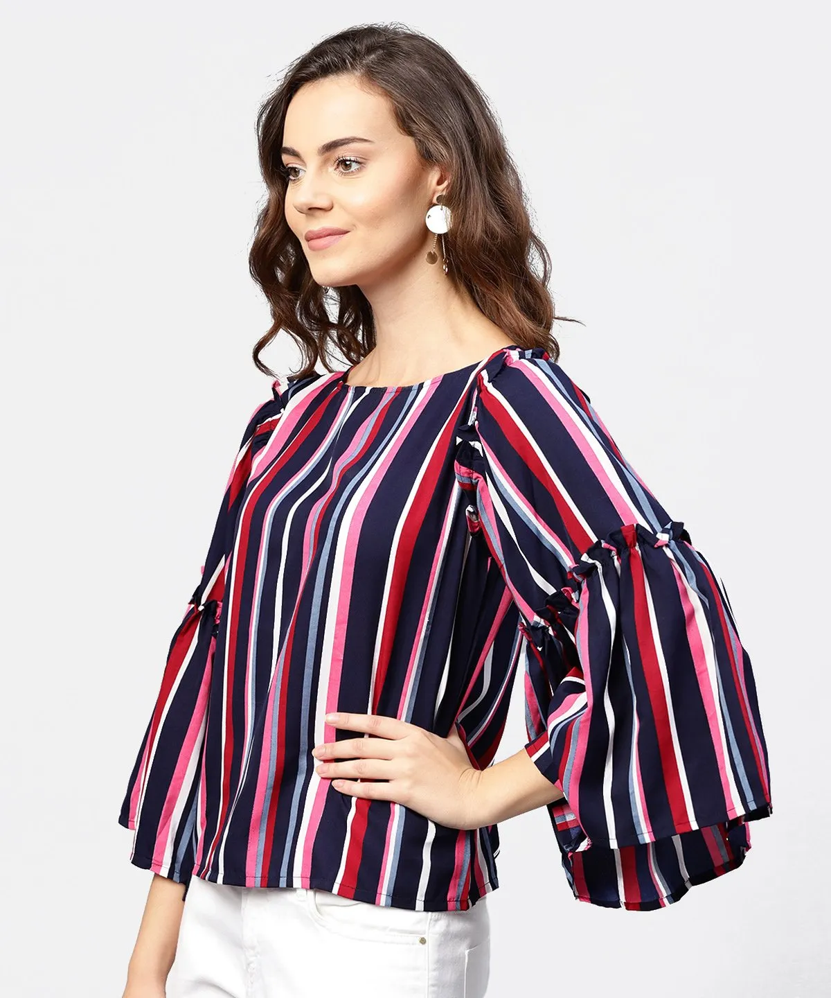 Striped Multi Printed Flared Sleeves Crepe Top