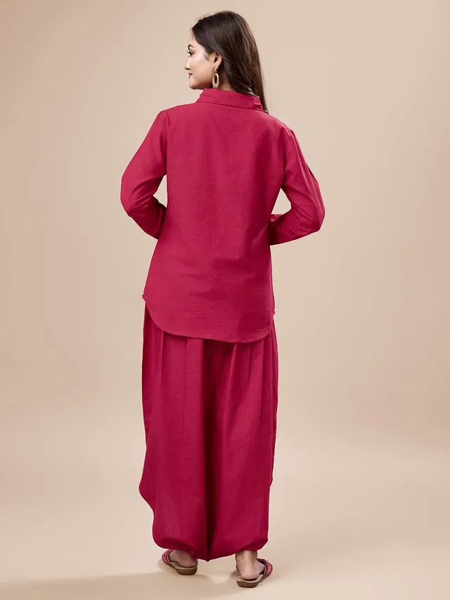 stylish long cuff sleeves shirt with afghani pants Cotton Flex set - Pink