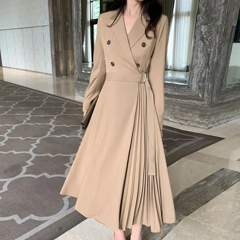 Suit Collar Dress Long Sleeve Office Style Asymmetrical Long Dress Slim with Belt