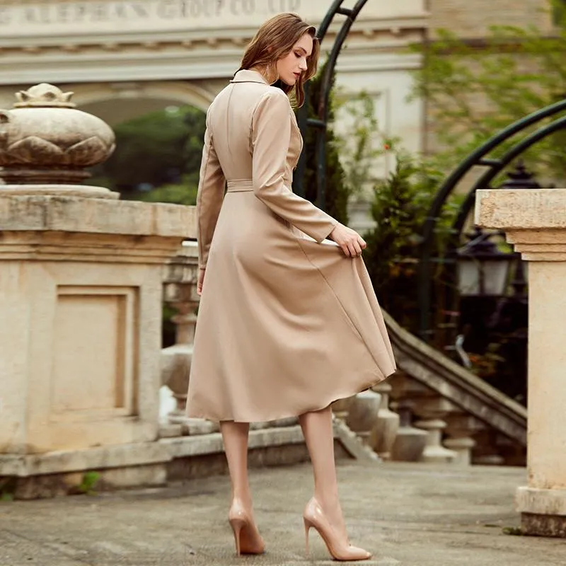 Suit Collar Dress Long Sleeve Office Style Asymmetrical Long Dress Slim with Belt