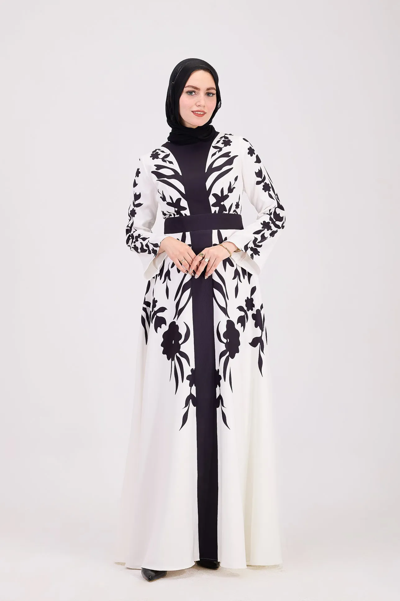 Tabarak Elegant Black and White Crepe Modesty Dress with Floral Accents