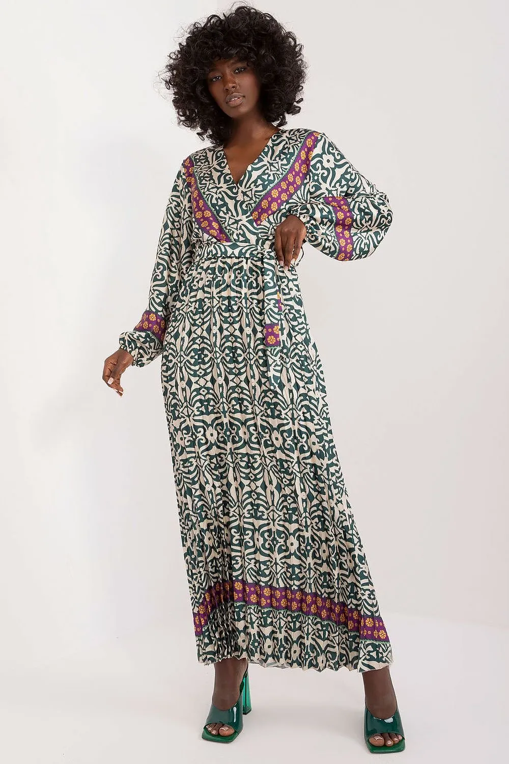 TEEK - Patterened Multicolor V-Neck Day Dress
