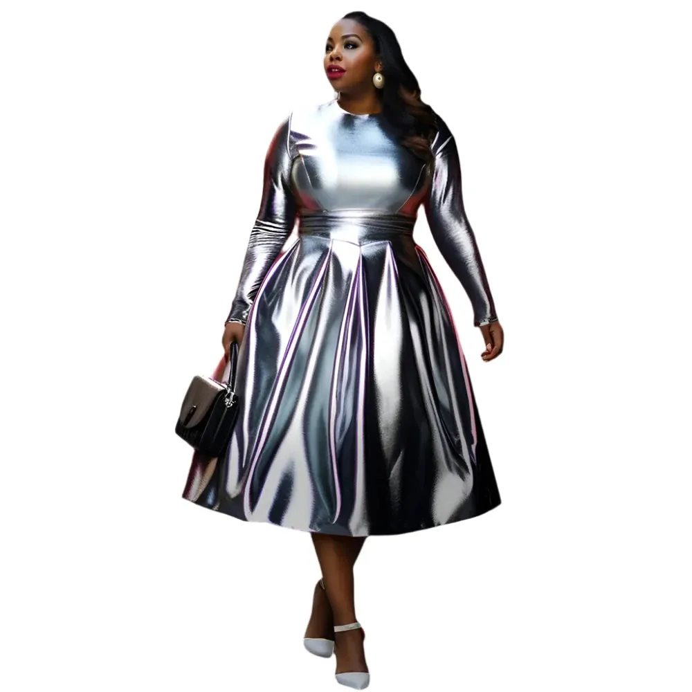 TEEK - Plus Size Silver Crew Neck Long Sleeve Dress