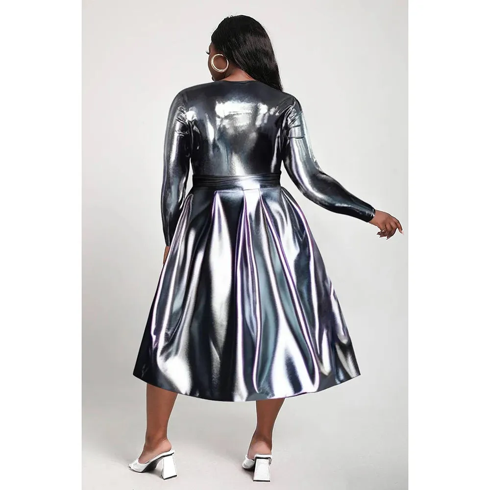 TEEK - Plus Size Silver Crew Neck Long Sleeve Dress
