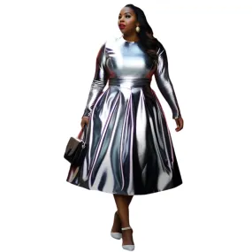 TEEK - Plus Size Silver Crew Neck Long Sleeve Dress