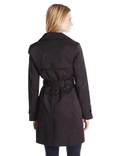 Tommy Hilfiger Women's Double Breasted Trench Coat with Striped Belt, Black, X-Small