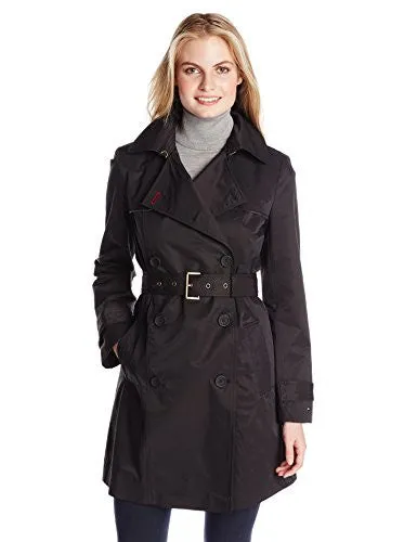 Tommy Hilfiger Women's Double Breasted Trench Coat with Striped Belt, Black, X-Small