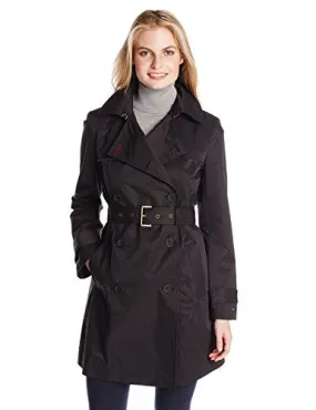 Tommy Hilfiger Women's Double Breasted Trench Coat with Striped Belt, Black, X-Small
