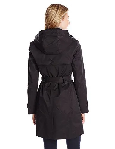 Tommy Hilfiger Women's Double Breasted Trench Coat with Striped Belt, Black, X-Small