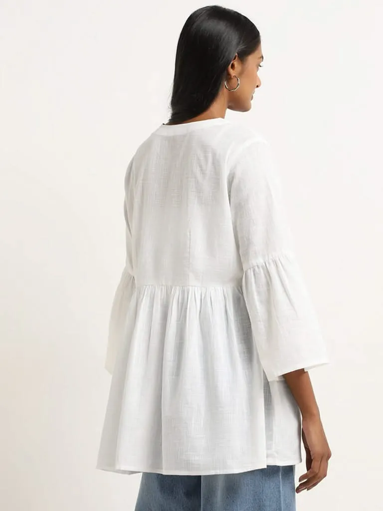 Utsa White Floral Embroidered A-Line Cotton Kurti
