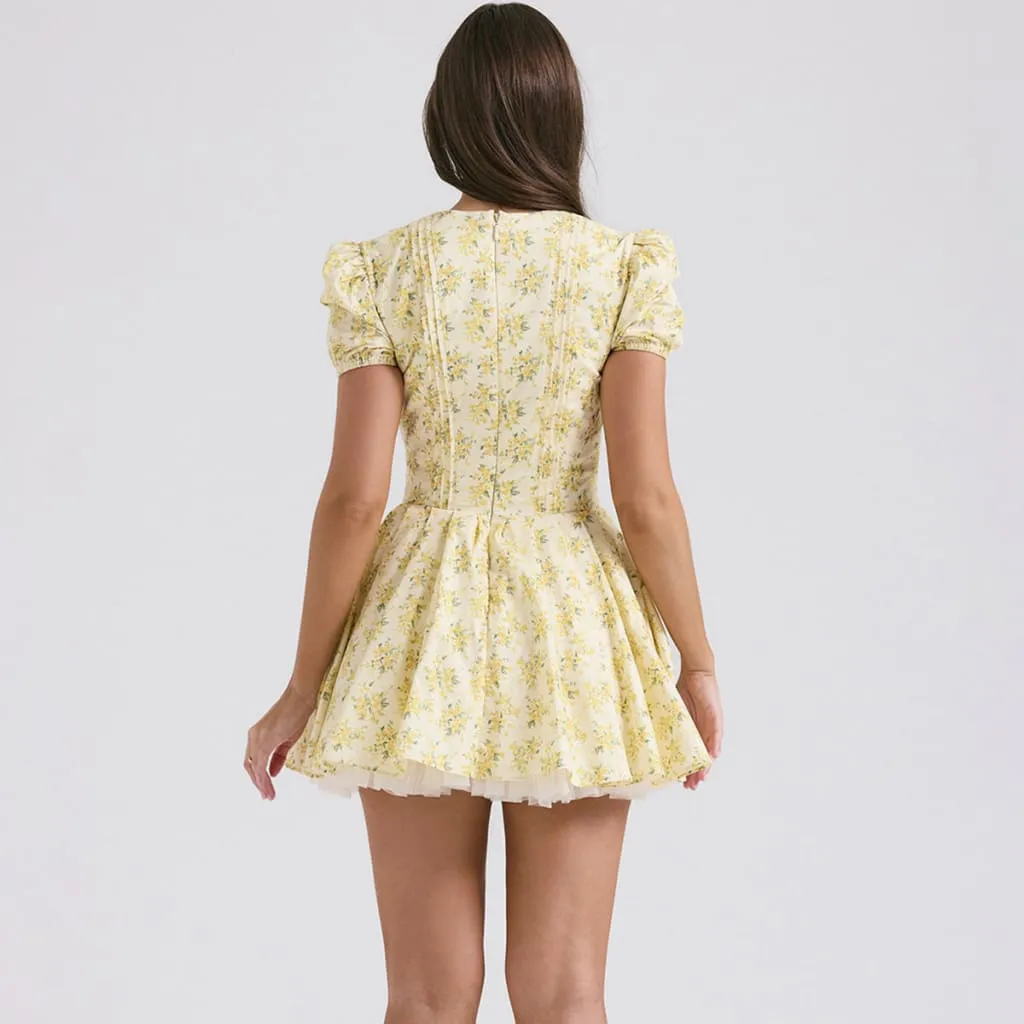 V-Neck Floral Print Puff Sleeve Crinoline Lining A-Line Pleated Dress