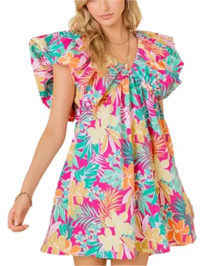 Vacation Tropical print v- neck mini dress